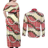 Red Palaka Hawaii Couples Matching Off Shoulder Maxi Dress and Long Sleeve Button Shirt Kukui Nut Pikake Lei Hawaiian Tapa Pattern LT14 - Polynesian Pride