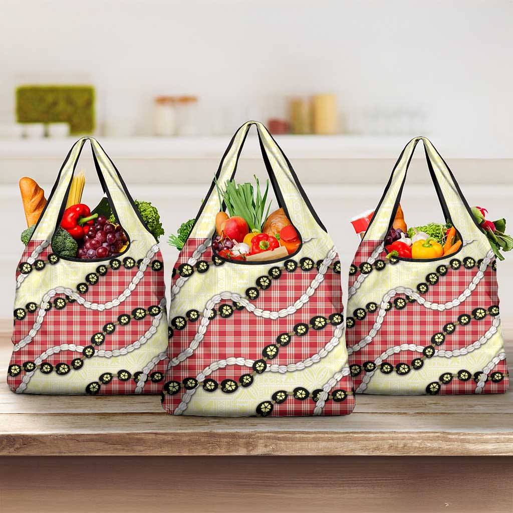 Red Palaka Hawaii Grocery Bag Kukui Nut Pikake Lei Hawaiian Tapa Pattern LT14 3-pack One Size Red - Polynesian Pride