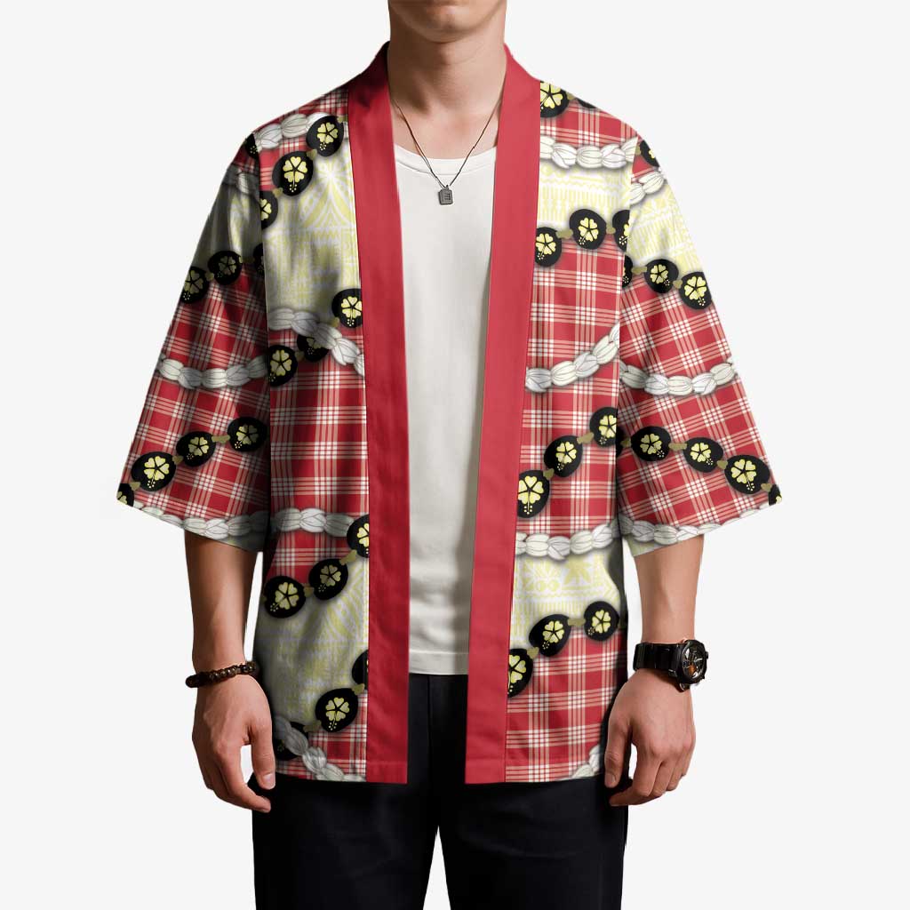 Red Palaka Hawaii Kimono Kukui Nut Pikake Lei Hawaiian Tapa Pattern LT14 - Polynesian Pride