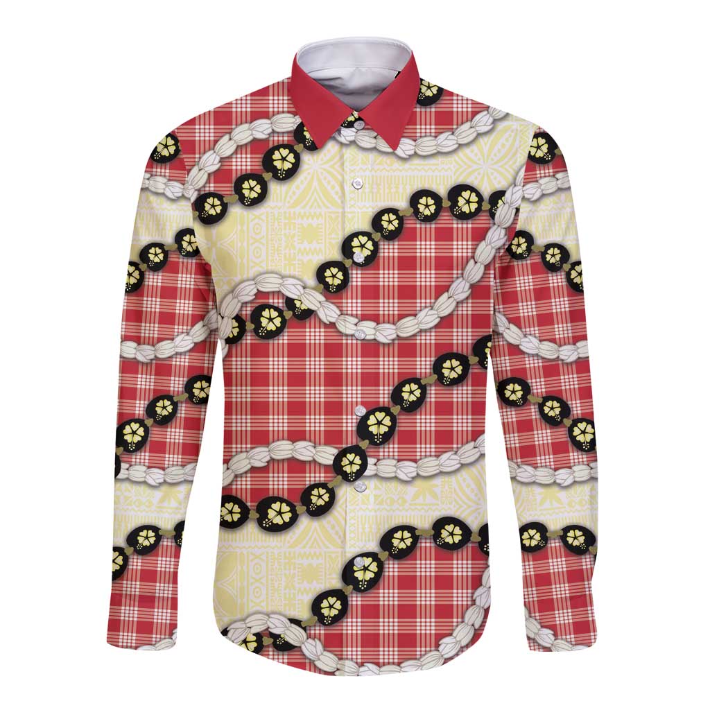 Red Palaka Hawaii Long Sleeve Button Shirt Kukui Nut Pikake Lei Hawaiian Tapa Pattern LT14 Unisex Red - Polynesian Pride