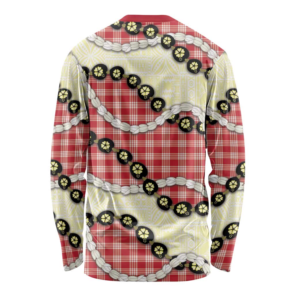 Red Palaka Hawaii Long Sleeve Shirt Kukui Nut Pikake Lei Hawaiian Tapa Pattern LT14 - Polynesian Pride