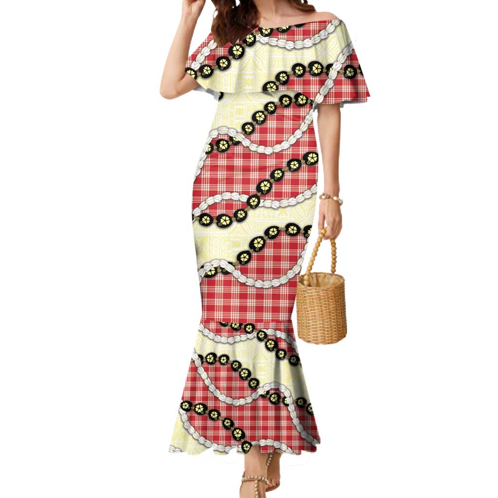 Red Palaka Hawaii Mermaid Dress Kukui Nut Pikake Lei Hawaiian Tapa Pattern LT14 Women Red - Polynesian Pride