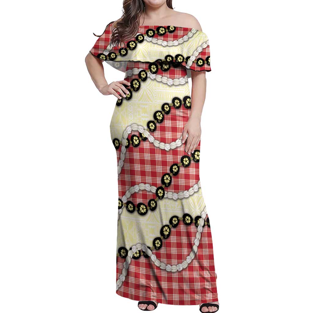 Red Palaka Hawaii Off Shoulder Maxi Dress Kukui Nut Pikake Lei Hawaiian Tapa Pattern LT14 Women Red - Polynesian Pride