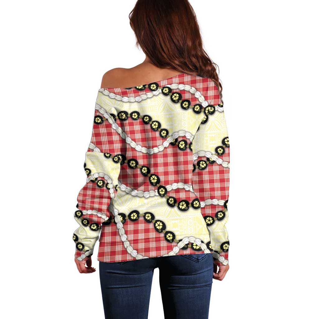 Red Palaka Hawaii Off Shoulder Sweater Kukui Nut Pikake Lei Hawaiian Tapa Pattern LT14 - Polynesian Pride