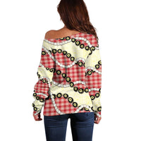 Red Palaka Hawaii Off Shoulder Sweater Kukui Nut Pikake Lei Hawaiian Tapa Pattern LT14 - Polynesian Pride