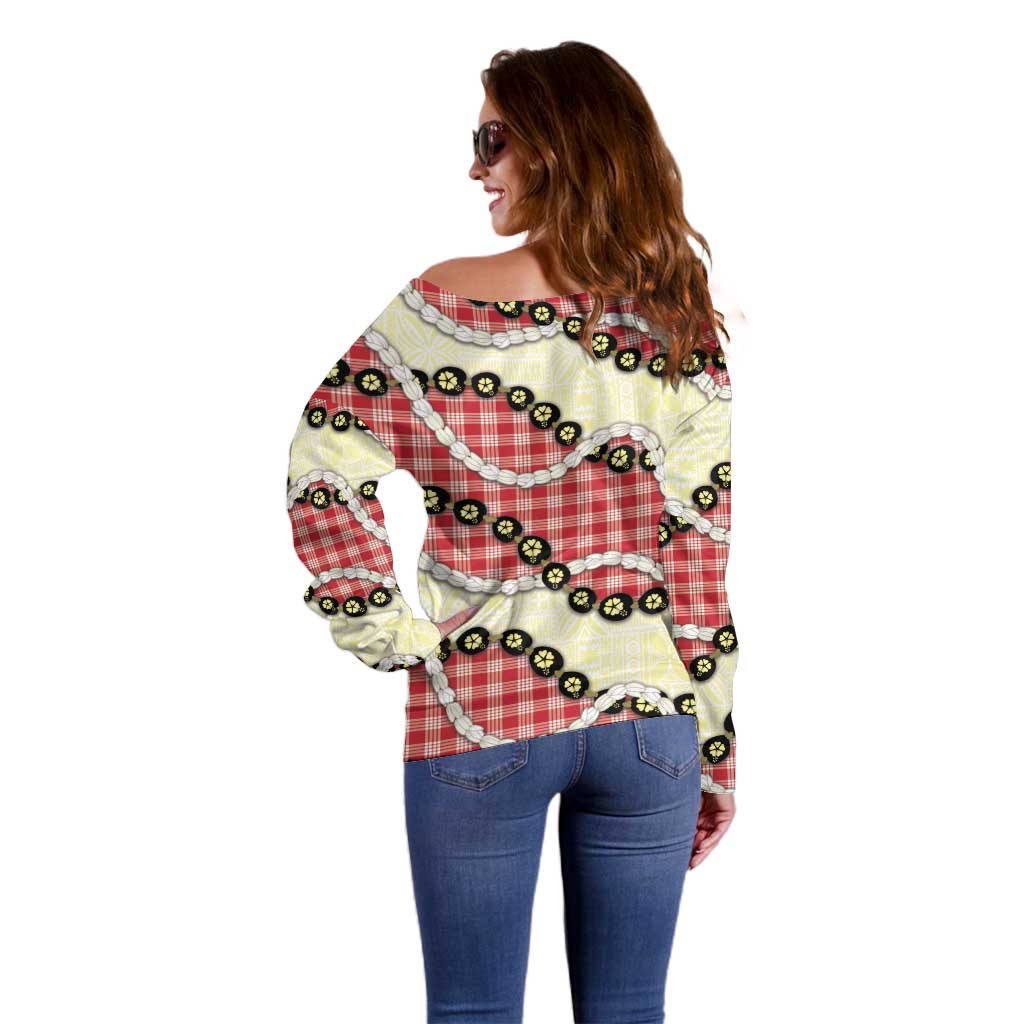 Red Palaka Hawaii Off Shoulder Sweater Kukui Nut Pikake Lei Hawaiian Tapa Pattern LT14 - Polynesian Pride