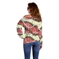 Red Palaka Hawaii Off Shoulder Sweater Kukui Nut Pikake Lei Hawaiian Tapa Pattern LT14 - Polynesian Pride