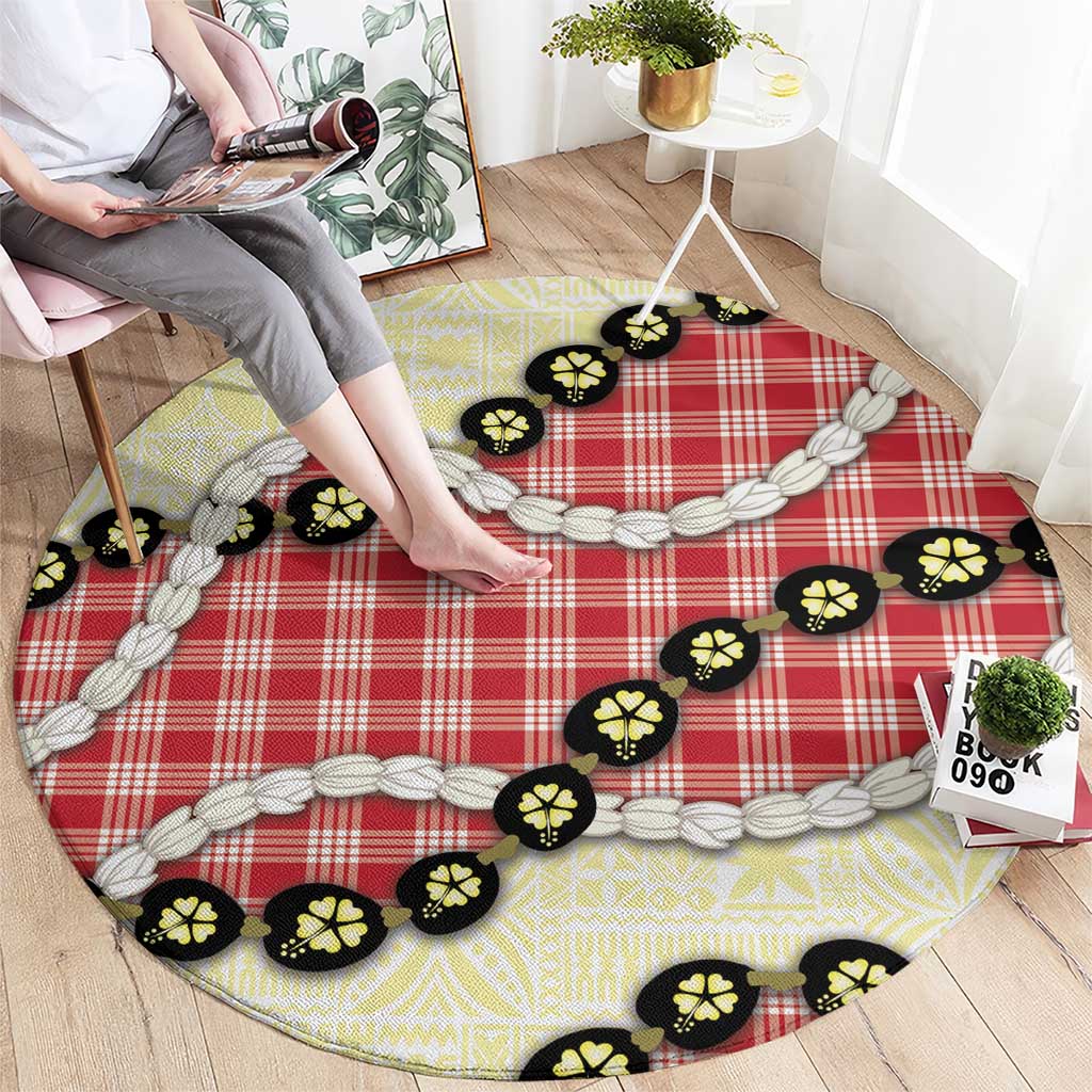 Red Palaka Hawaii Round Carpet Kukui Nut Pikake Lei Hawaiian Tapa Pattern LT14 - Polynesian Pride