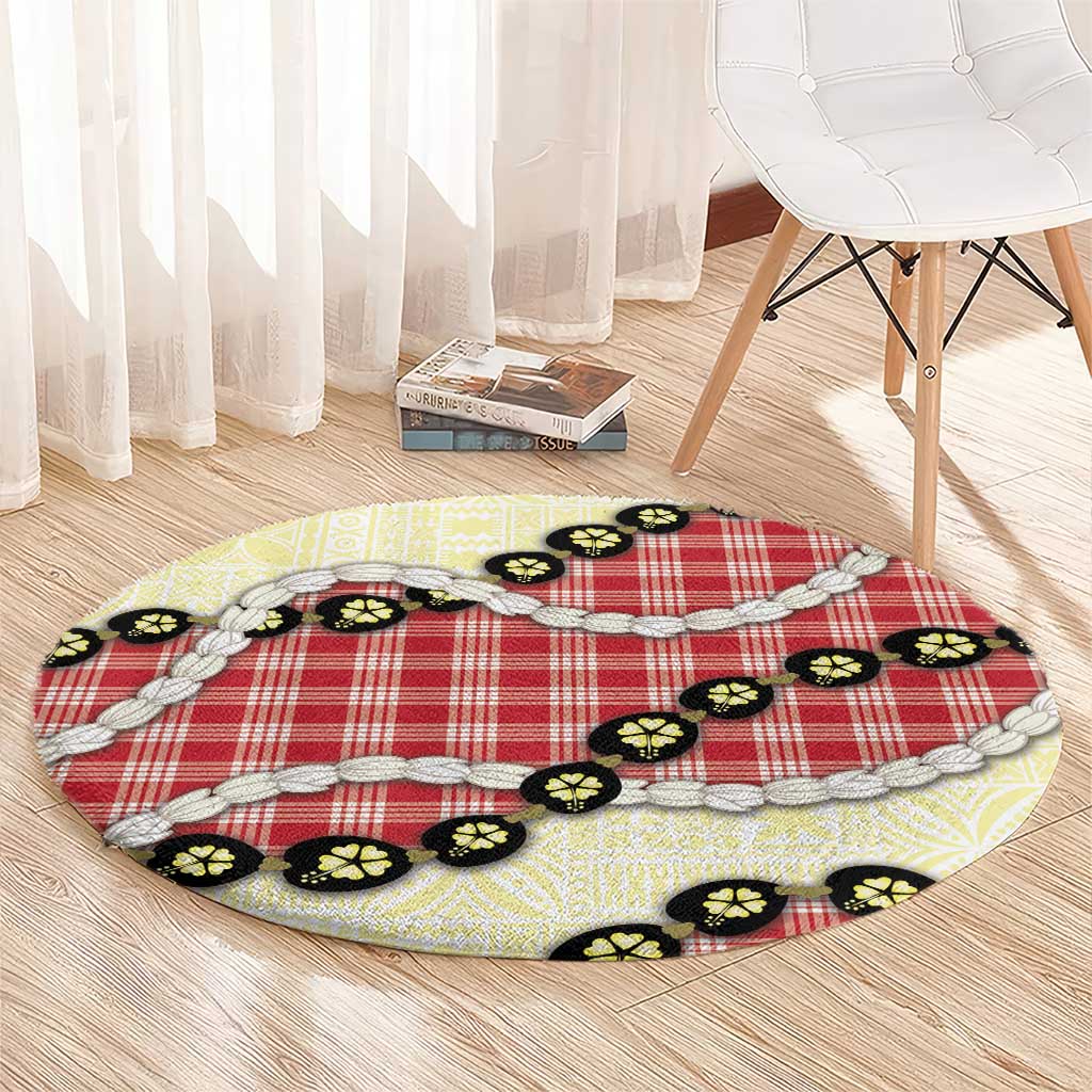 Red Palaka Hawaii Round Carpet Kukui Nut Pikake Lei Hawaiian Tapa Pattern LT14 - Polynesian Pride