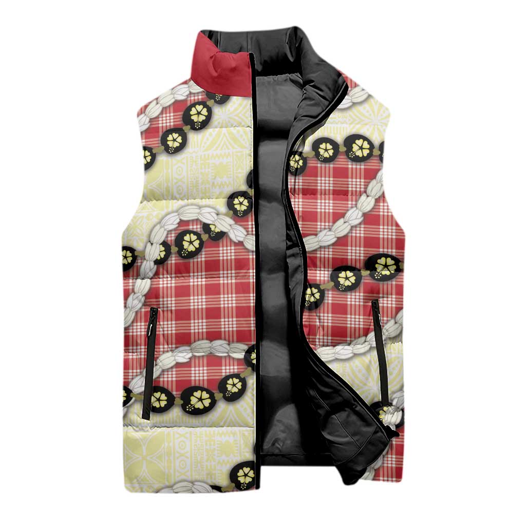 Red Palaka Hawaii Sleeveless Puffer Jacket Kukui Nut Pikake Lei Hawaiian Tapa Pattern LT14 - Polynesian Pride