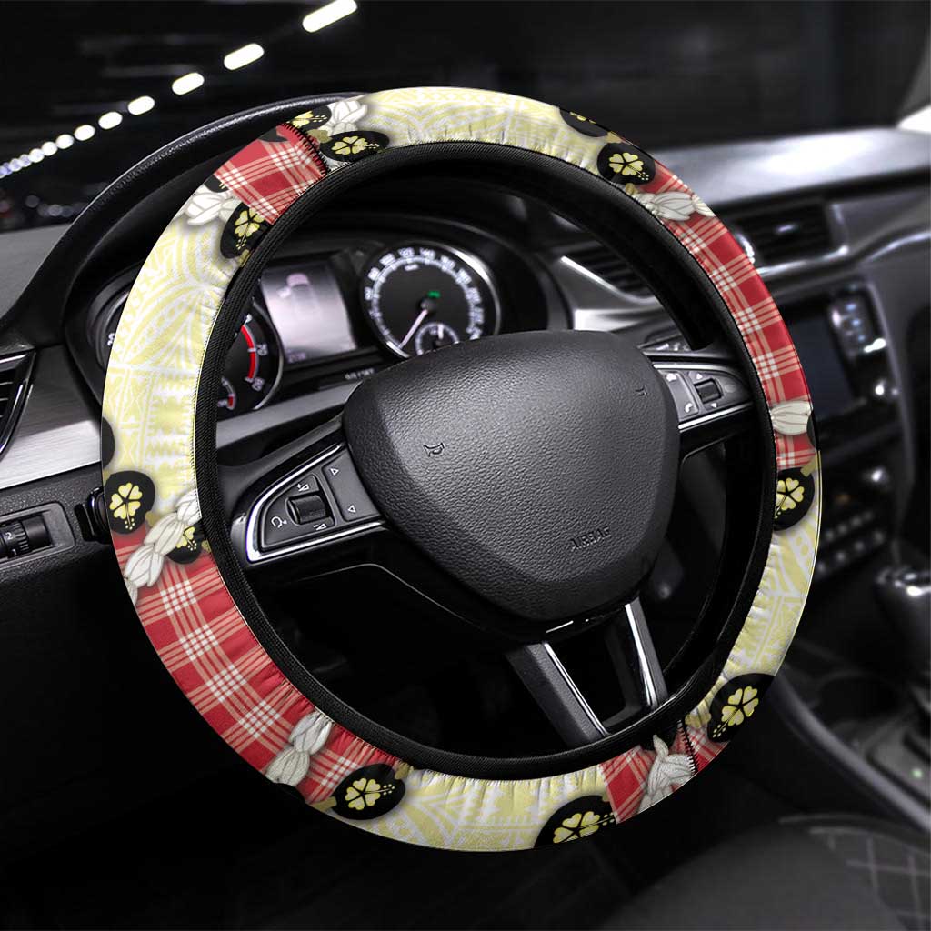 Red Palaka Hawaii Steering Wheel Cover Kukui Nut Pikake Lei Hawaiian Tapa Pattern LT14 Universal Fit Red - Polynesian Pride