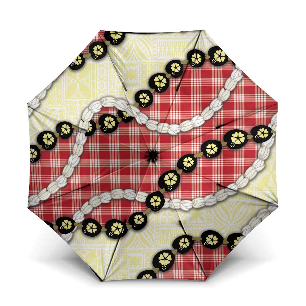 Red Palaka Hawaii Umbrella Kukui Nut Pikake Lei Hawaiian Tapa Pattern LT14 One Size Folded 11.42 inch Opened Diameter 37.4 inch Red - Polynesian Pride