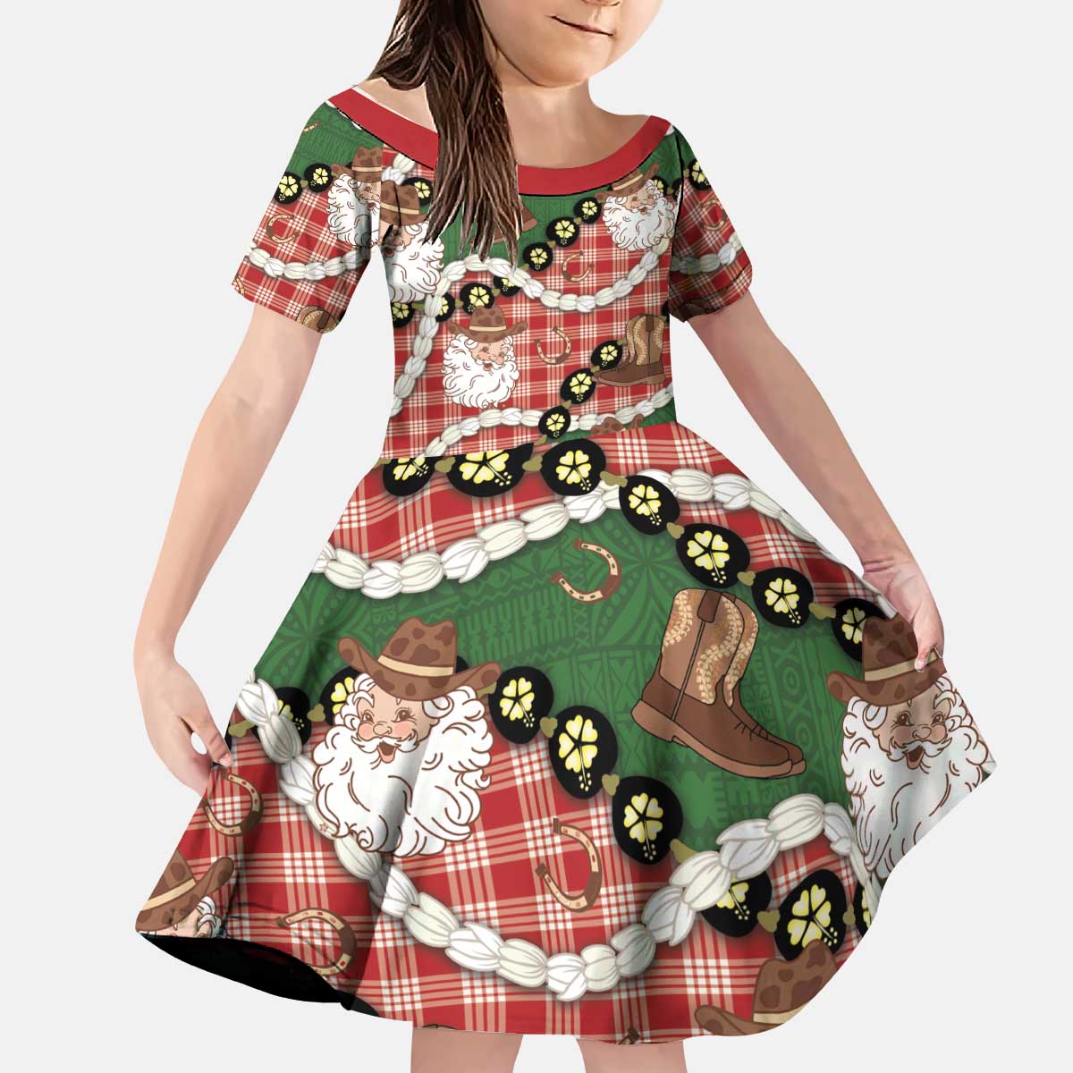 Cowboy Hawaii Mele Kalikimaka Kid Short Sleeve Dress Paniolo Kukui Nut Pikake Lei Red Version LT14 KID Red - Polynesian Pride