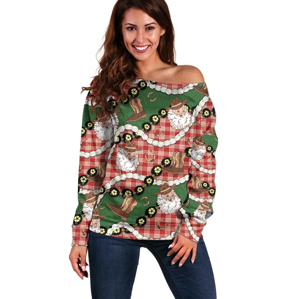 Cowboy Hawaii Mele Kalikimaka Off Shoulder Sweater Paniolo Kukui Nut Pikake Lei Red Version LT14 Women Red - Polynesian Pride