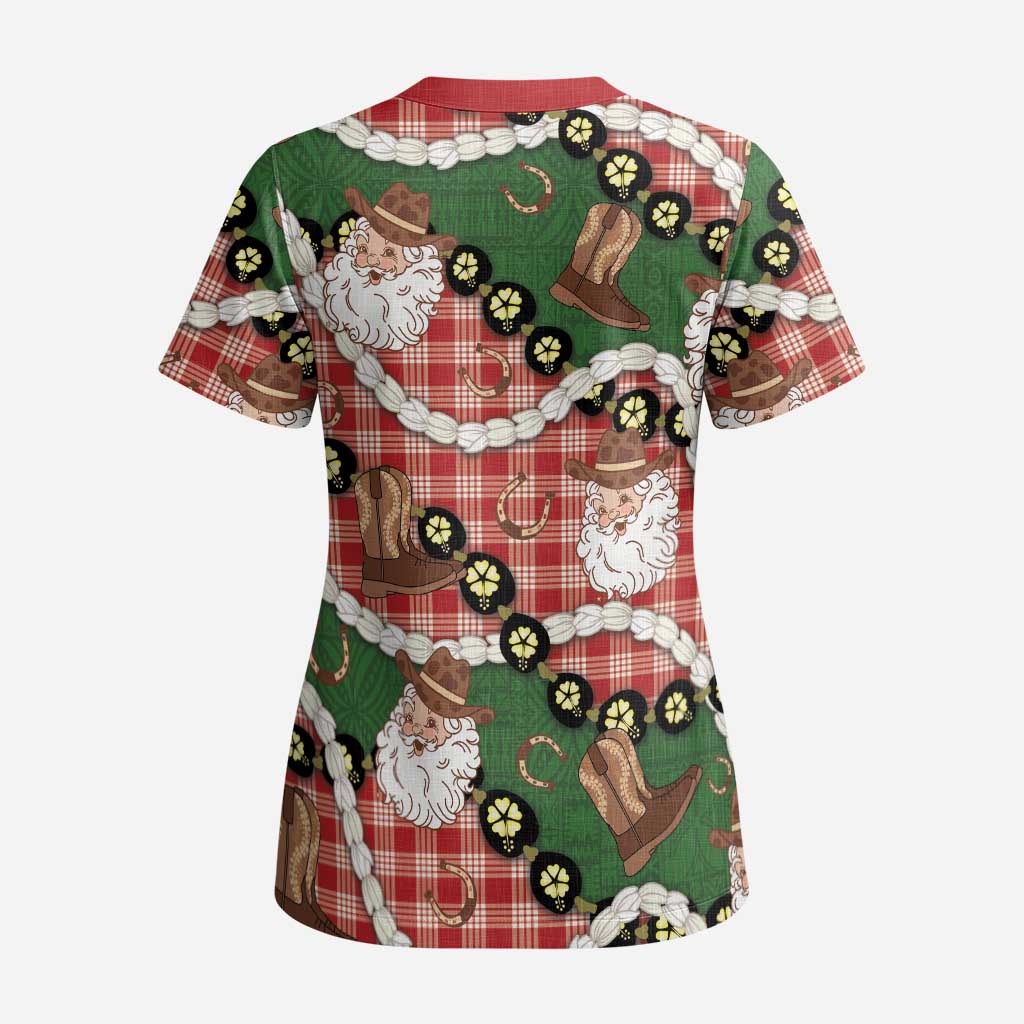 Cowboy Hawaii Mele Kalikimaka Scrub Top Paniolo Kukui Nut Pikake Lei Red Version LT14 - Polynesian Pride