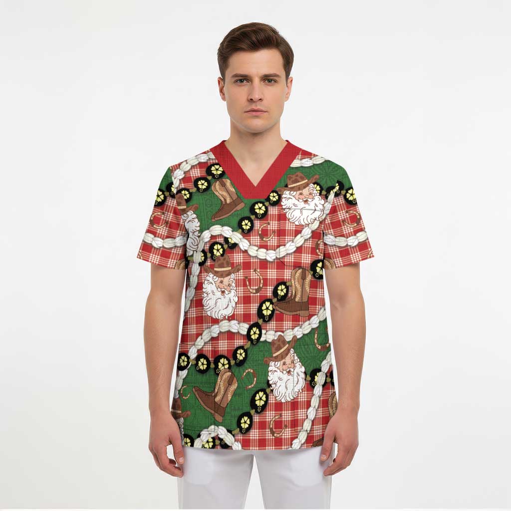 Cowboy Hawaii Mele Kalikimaka Scrub Top Paniolo Kukui Nut Pikake Lei Red Version LT14 - Polynesian Pride