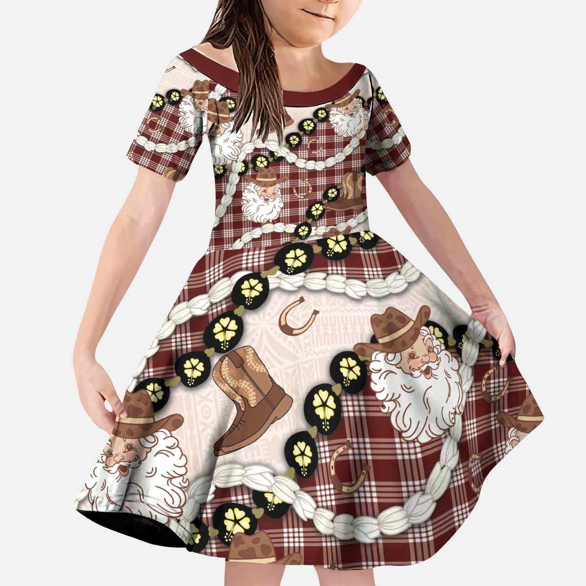 Cowboy Hawaii Mele Kalikimaka Kid Short Sleeve Dress Paniolo Kukui Nut Pikake Lei Burgundy Version LT14 KID Burgundy - Polynesian Pride