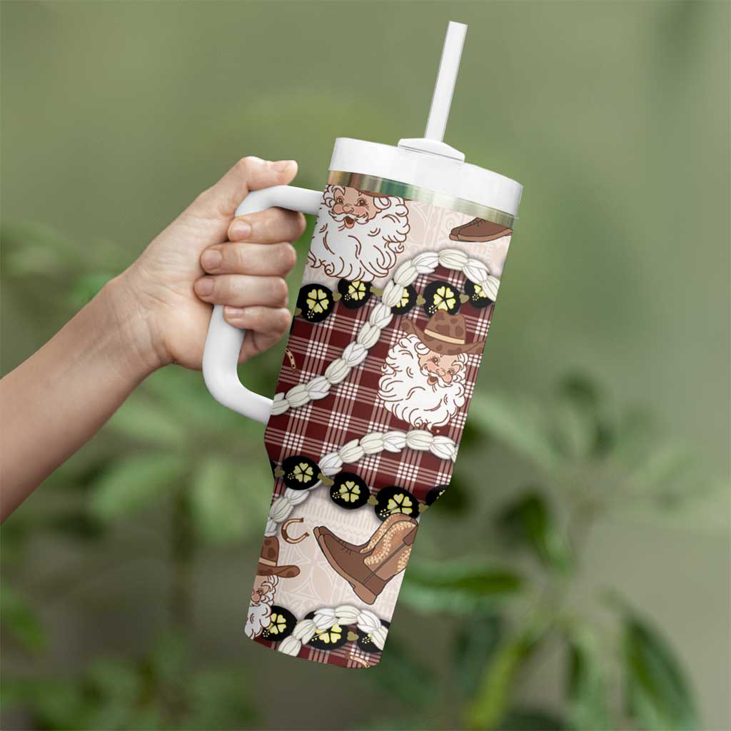 Cowboy Hawaii Mele Kalikimaka Tumbler With Handle Paniolo Kukui Nut Pikake Lei Burgundy Version LT14 - Polynesian Pride