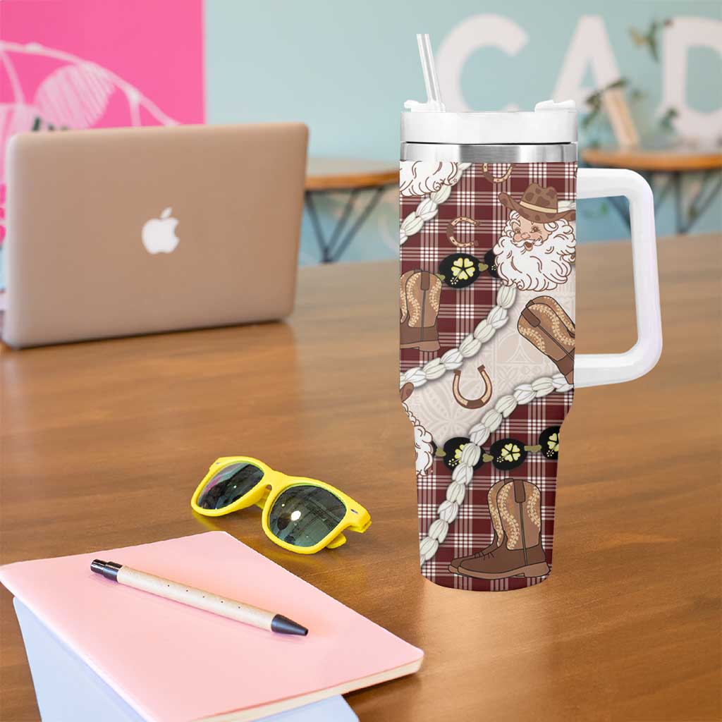 Cowboy Hawaii Mele Kalikimaka Tumbler With Handle Paniolo Kukui Nut Pikake Lei Burgundy Version LT14 - Polynesian Pride