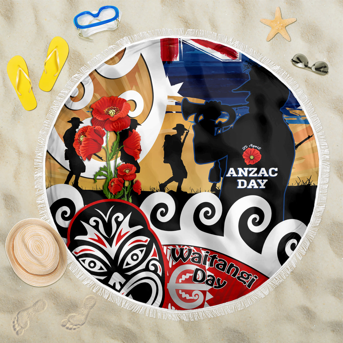 New Zealand Waitangi And ANZAC Day Beach Blanket Aotearoa Maori Tiki With Last Post