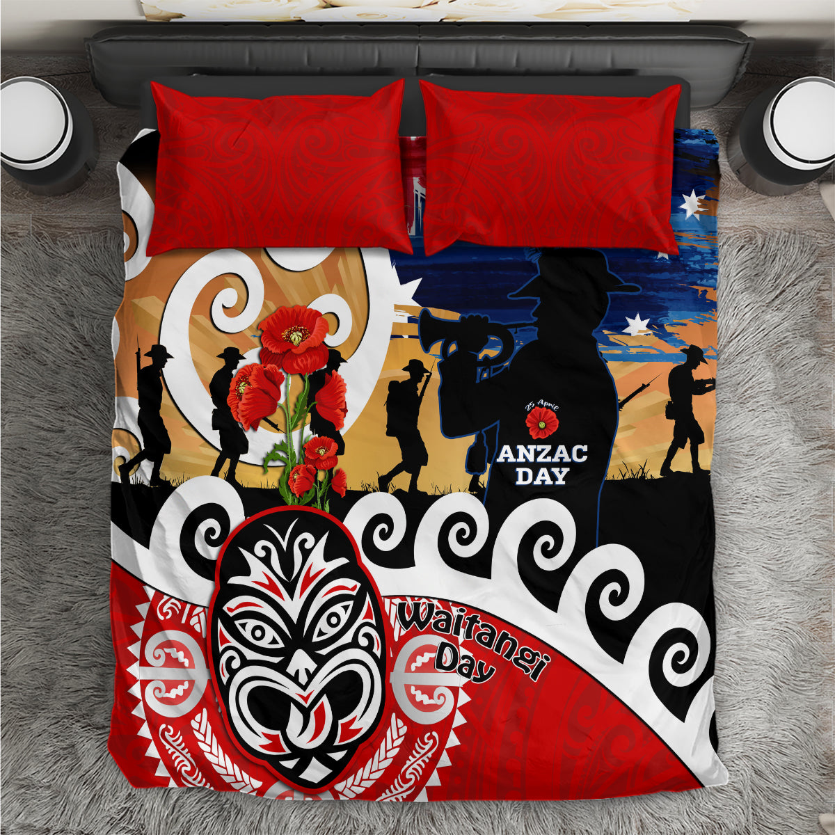 New Zealand Waitangi And ANZAC Day Bedding Set Aotearoa Maori Tiki With Last Post LT14 Black - Polynesian Pride