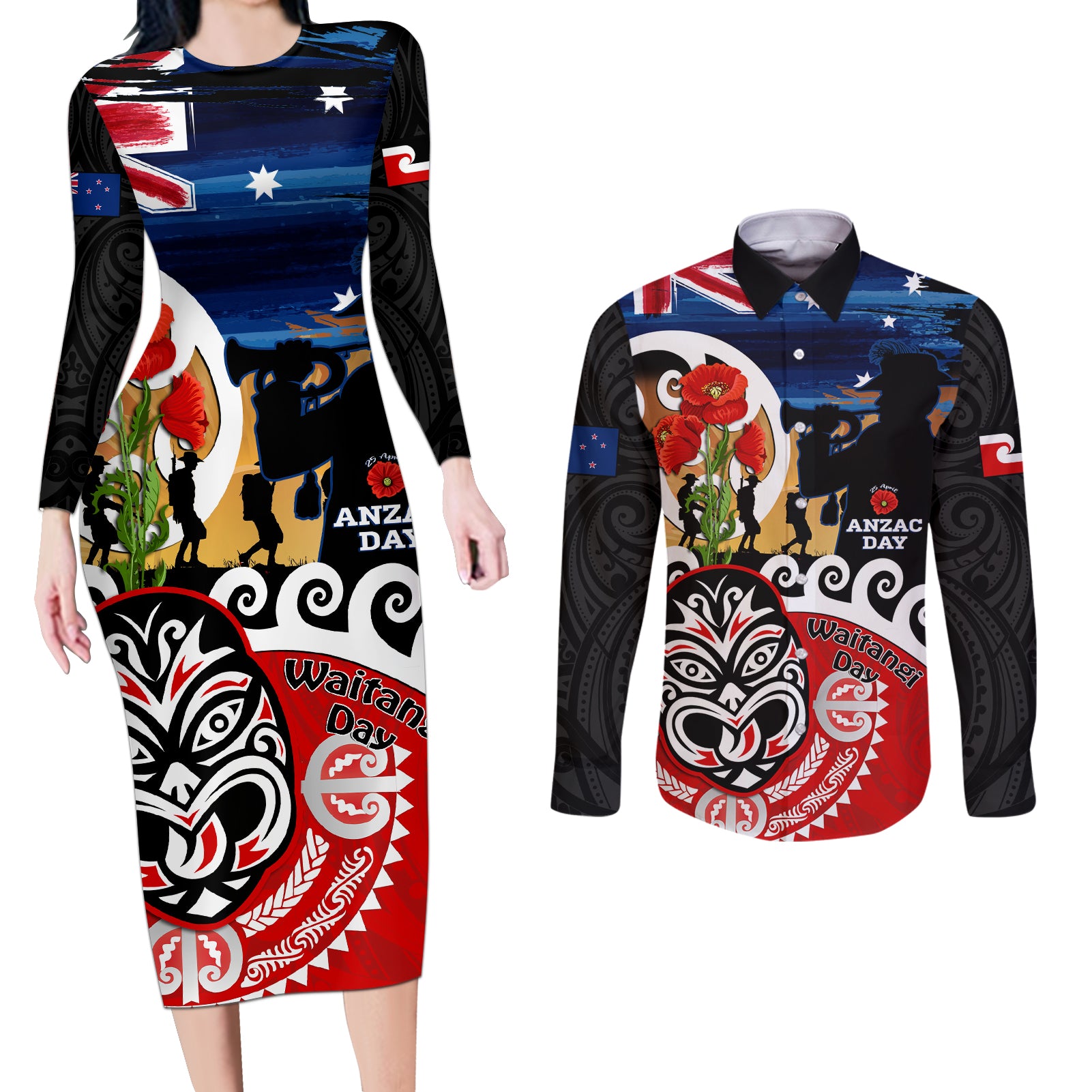 New Zealand Waitangi And ANZAC Day Couples Matching Long Sleeve Bodycon Dress and Long Sleeve Button Shirt Aotearoa Maori Tiki With Last Post LT14 Black - Polynesian Pride