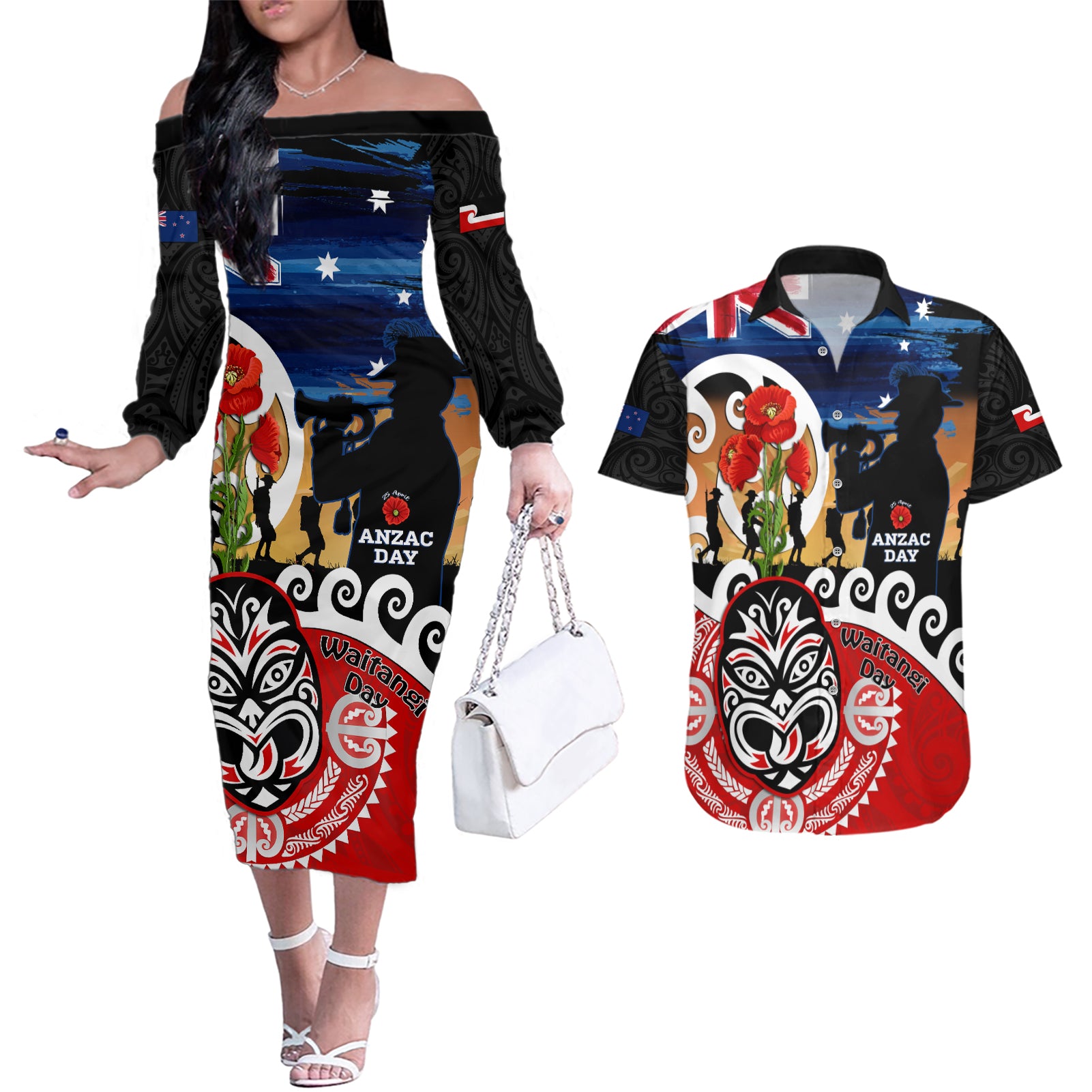 New Zealand Waitangi And ANZAC Day Couples Matching Off The Shoulder Long Sleeve Dress and Hawaiian Shirt Aotearoa Maori Tiki With Last Post LT14 Black - Polynesian Pride