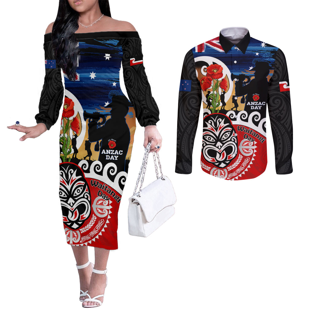 New Zealand Waitangi And ANZAC Day Couples Matching Off The Shoulder Long Sleeve Dress and Long Sleeve Button Shirt Aotearoa Maori Tiki With Last Post LT14 Black - Polynesian Pride