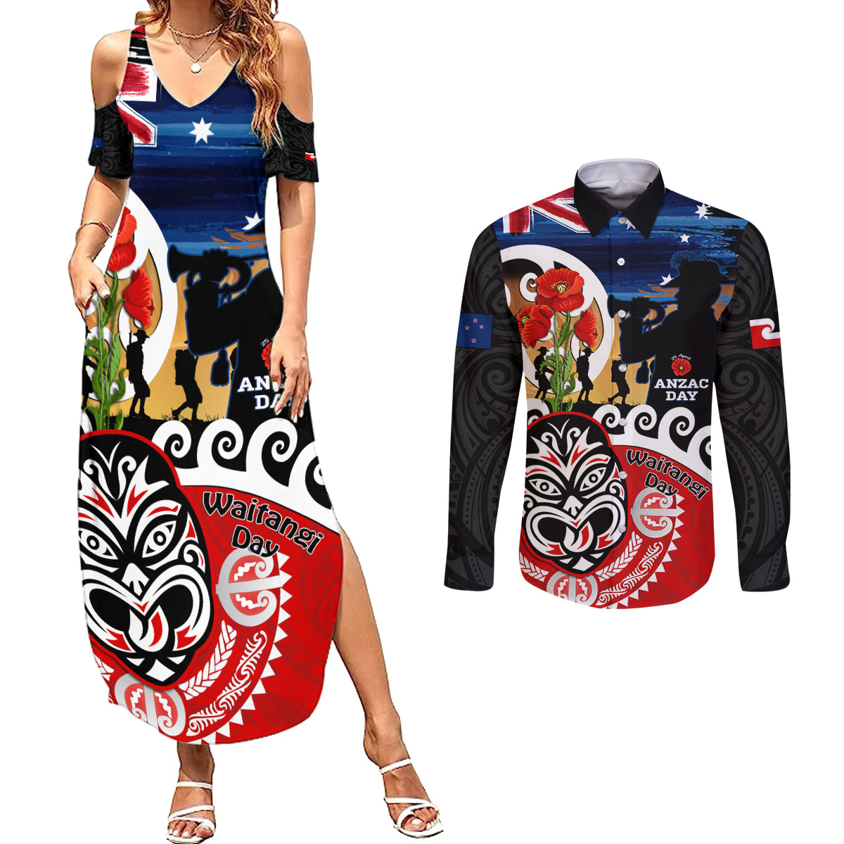 New Zealand Waitangi And ANZAC Day Couples Matching Summer Maxi Dress and Long Sleeve Button Shirt Aotearoa Maori Tiki With Last Post LT14 Black - Polynesian Pride