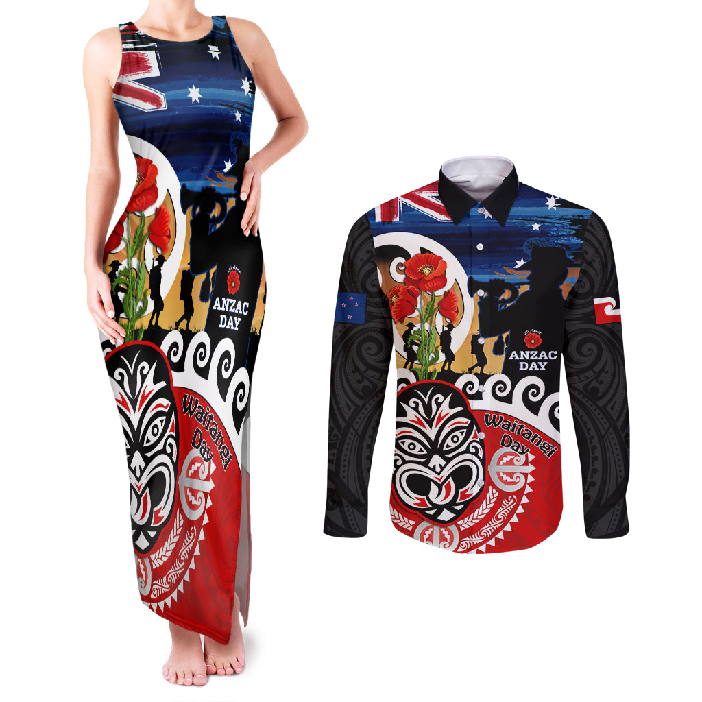 New Zealand Waitangi And ANZAC Day Couples Matching Tank Maxi Dress and Long Sleeve Button Shirt Aotearoa Maori Tiki With Last Post LT14 Black - Polynesian Pride