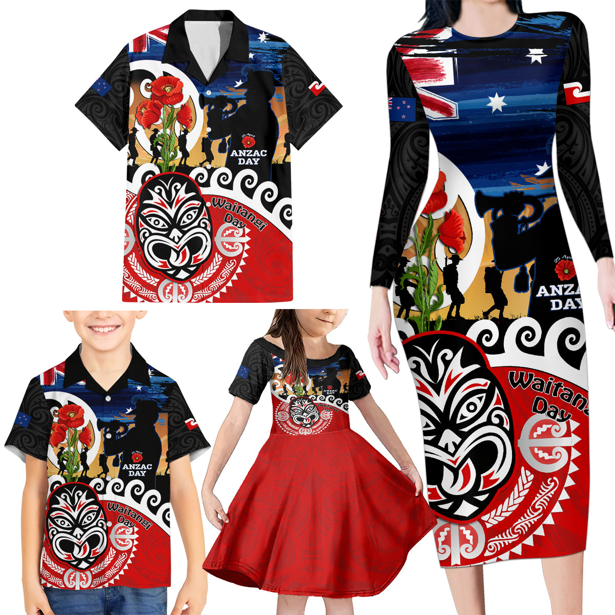 New Zealand Waitangi And ANZAC Day Family Matching Long Sleeve Bodycon Dress and Hawaiian Shirt Aotearoa Maori Tiki With Last Post LT14 - Polynesian Pride