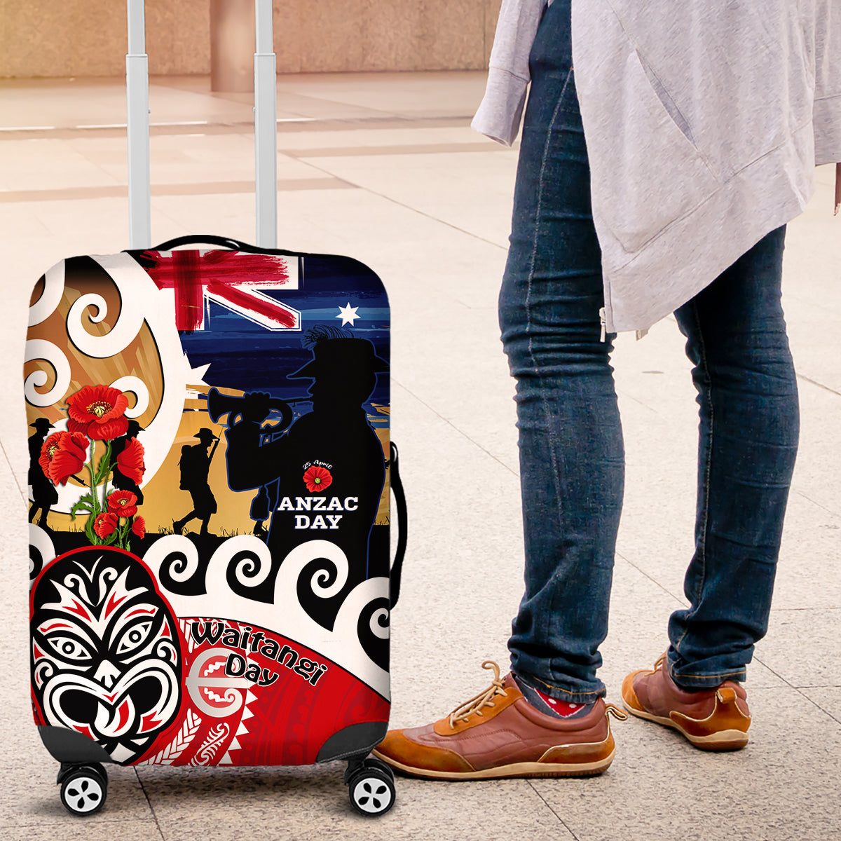 New Zealand Waitangi And ANZAC Day Luggage Cover Aotearoa Maori Tiki With Last Post