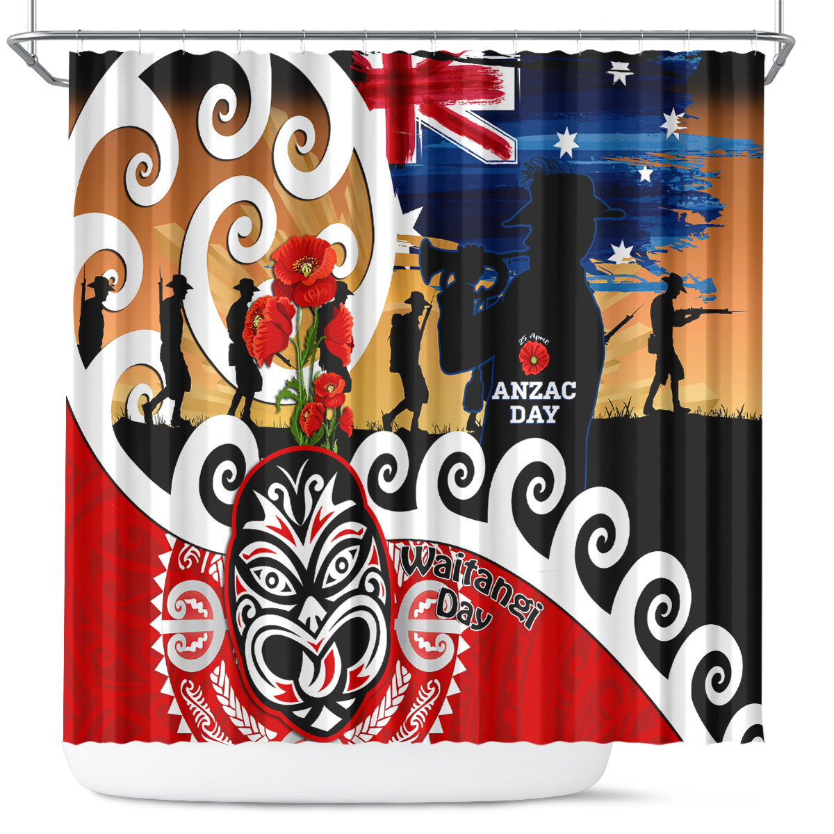 New Zealand Waitangi And ANZAC Day Shower Curtain Aotearoa Maori Tiki With Last Post