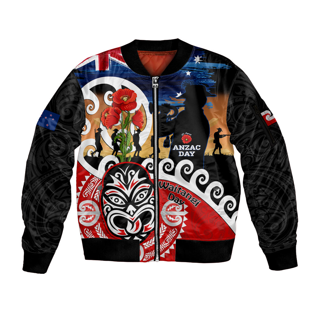 New Zealand Waitangi And ANZAC Day Sleeve Zip Bomber Jacket Aotearoa Maori Tiki With Last Post LT14 Unisex Black - Polynesian Pride