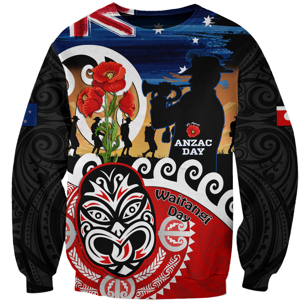 New Zealand Waitangi And ANZAC Day Sweatshirt Aotearoa Maori Tiki With Last Post LT14 Unisex Black - Polynesian Pride