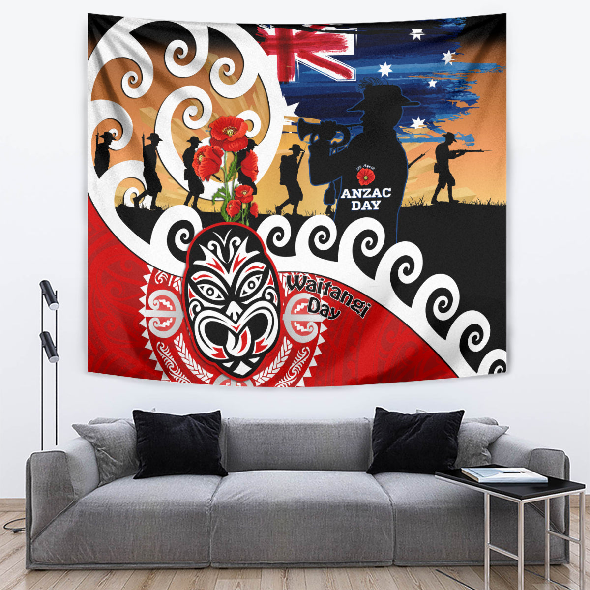 New Zealand Waitangi And ANZAC Day Tapestry Aotearoa Maori Tiki With Last Post LT14 Black - Polynesian Pride