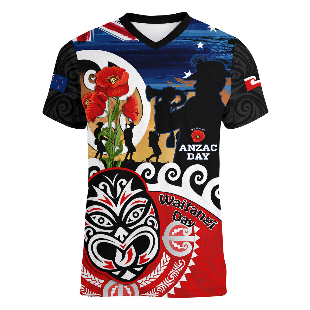 New Zealand Waitangi And ANZAC Day Women V Neck T Shirt Aotearoa Maori Tiki With Last Post LT14 Female Black - Polynesian Pride