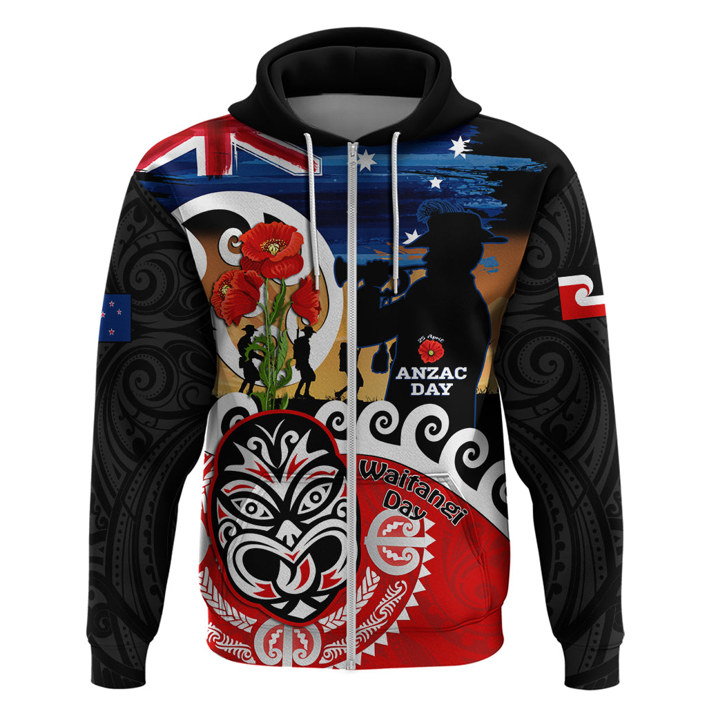 New Zealand Waitangi And ANZAC Day Zip Hoodie Aotearoa Maori Tiki With Last Post LT14 Zip Hoodie Black - Polynesian Pride