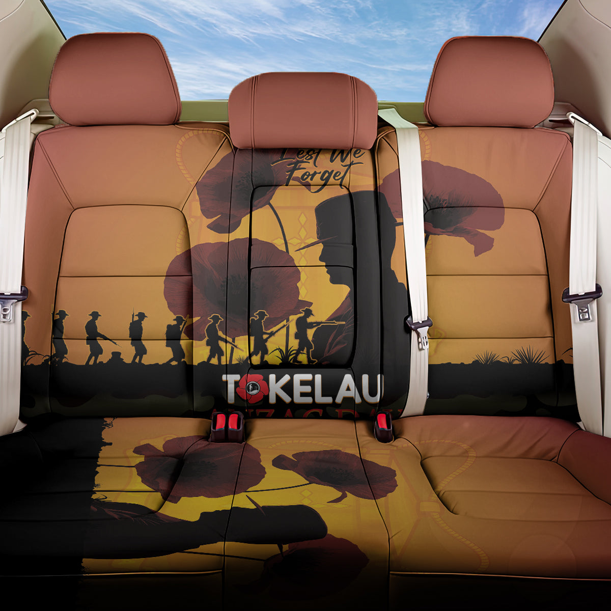 Tokelau ANZAC Day Back Car Seat Cover Camouflage With Poppies Lest We Forget LT14 One Size Yellow - Polynesian Pride