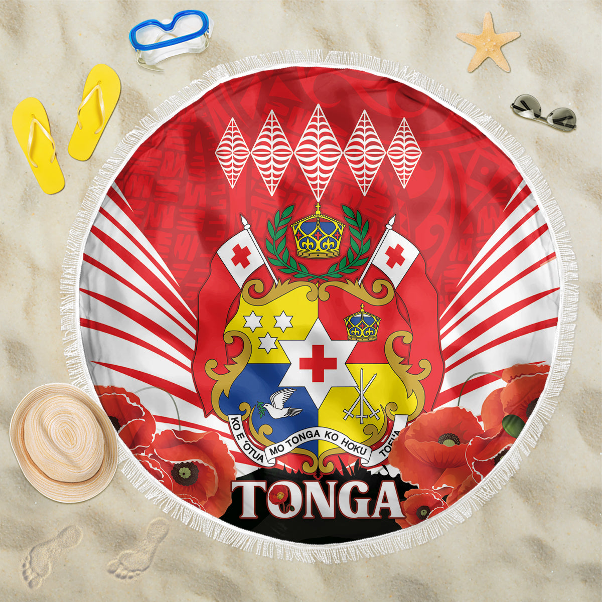 Tonga ANZAC Day Beach Blanket Camouflage With Poppies Lest We Forget LT14 One Size 150cm Red - Polynesian Pride