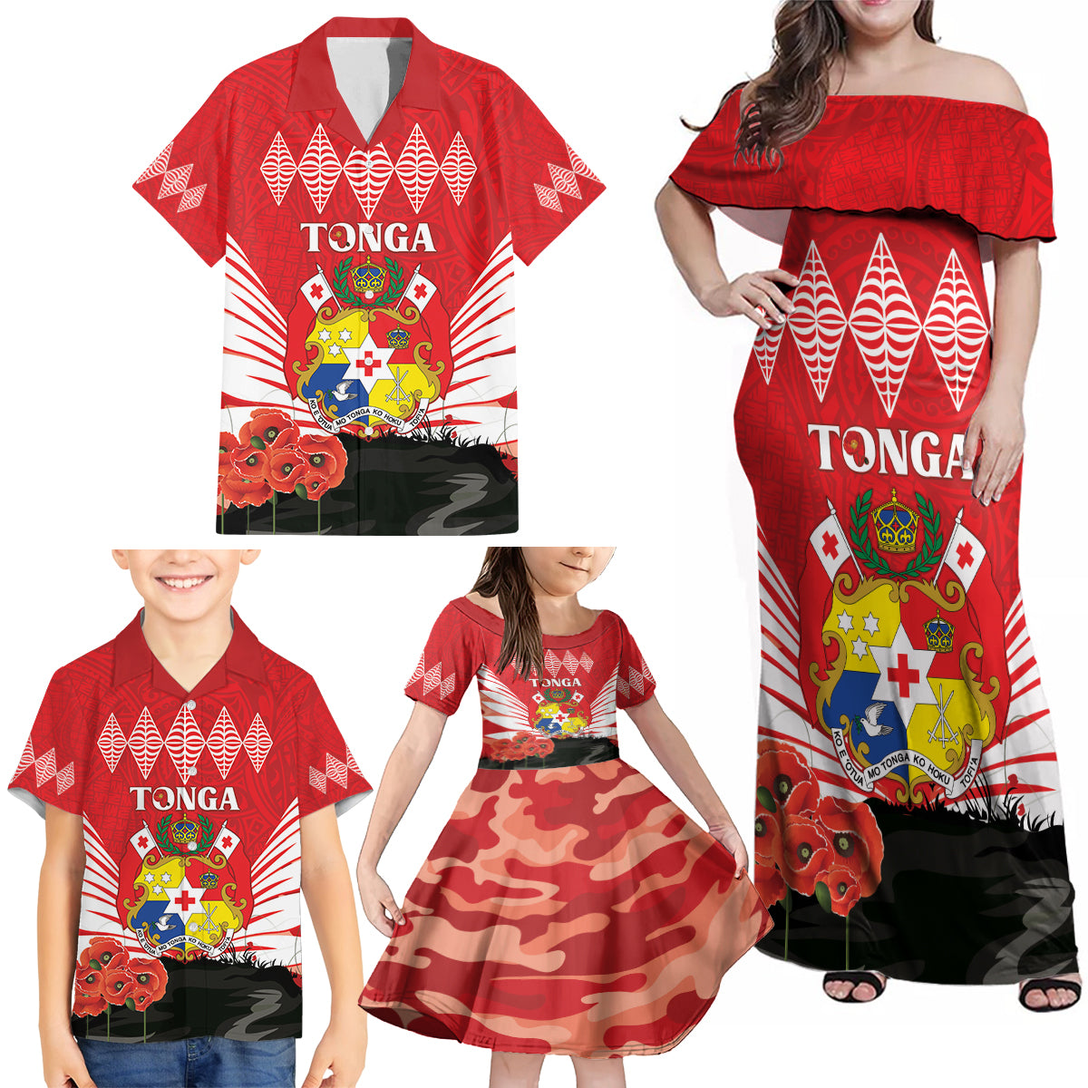 Tonga ANZAC Day Family Matching Off Shoulder Maxi Dress and Hawaiian Shirt Camouflage With Poppies Lest We Forget LT14 - Polynesian Pride