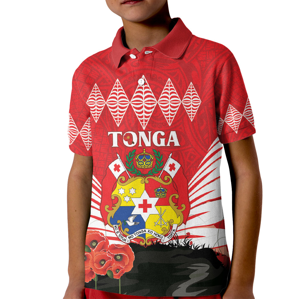 Tonga ANZAC Day Kid Polo Shirt Camouflage With Poppies Lest We Forget LT14 Kid Red - Polynesian Pride