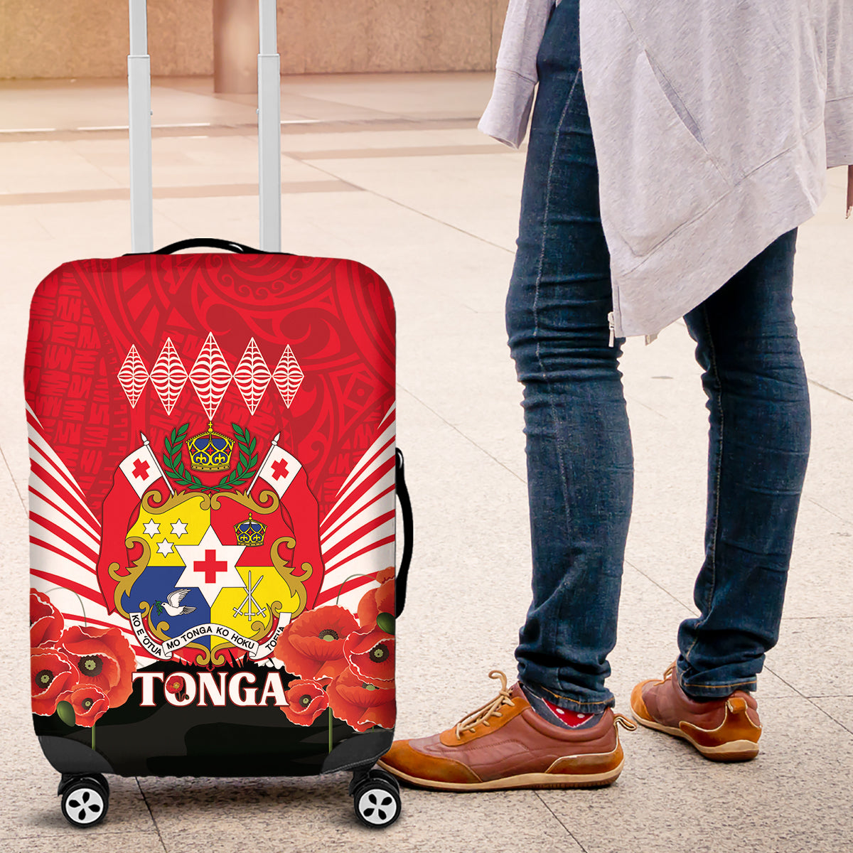 Tonga ANZAC Day Luggage Cover Camouflage With Poppies Lest We Forget LT14 Red - Polynesian Pride