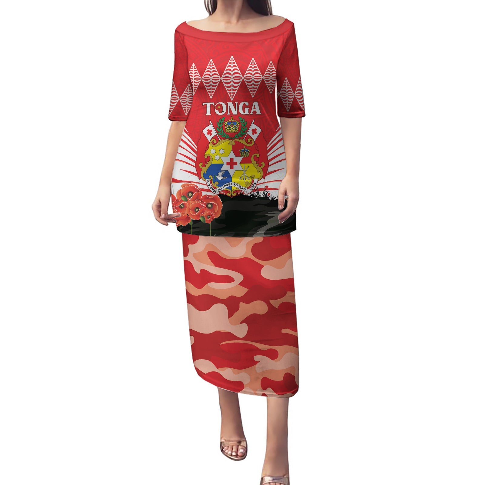 Tonga ANZAC Day Puletasi Camouflage With Poppies Lest We Forget LT14 Long Dress Red - Polynesian Pride