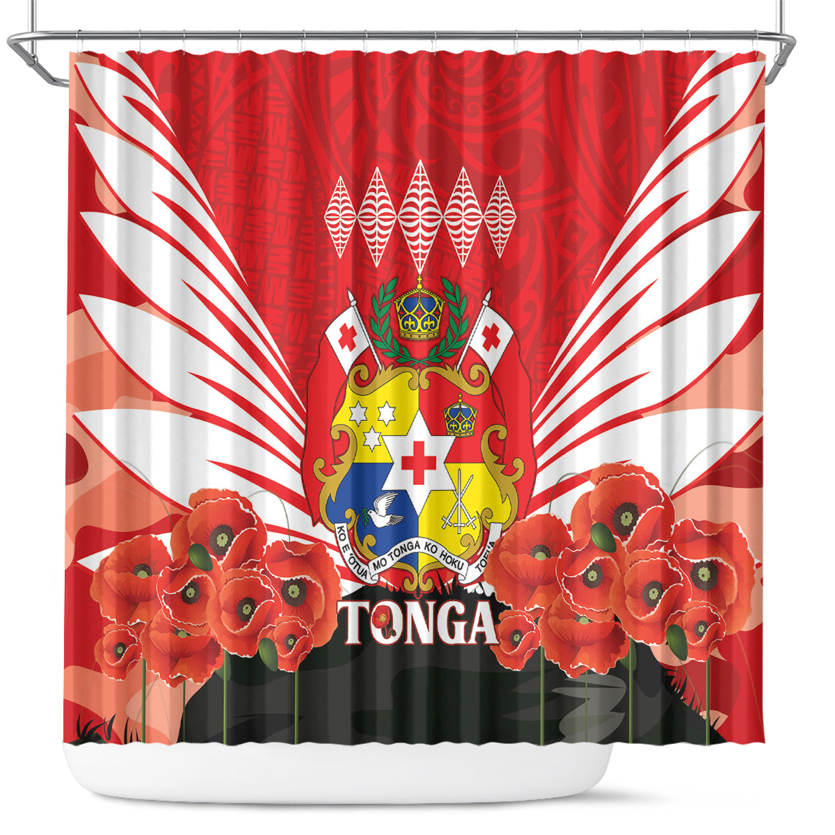 Tonga ANZAC Day Shower Curtain Camouflage With Poppies Lest We Forget LT14 Red - Polynesian Pride