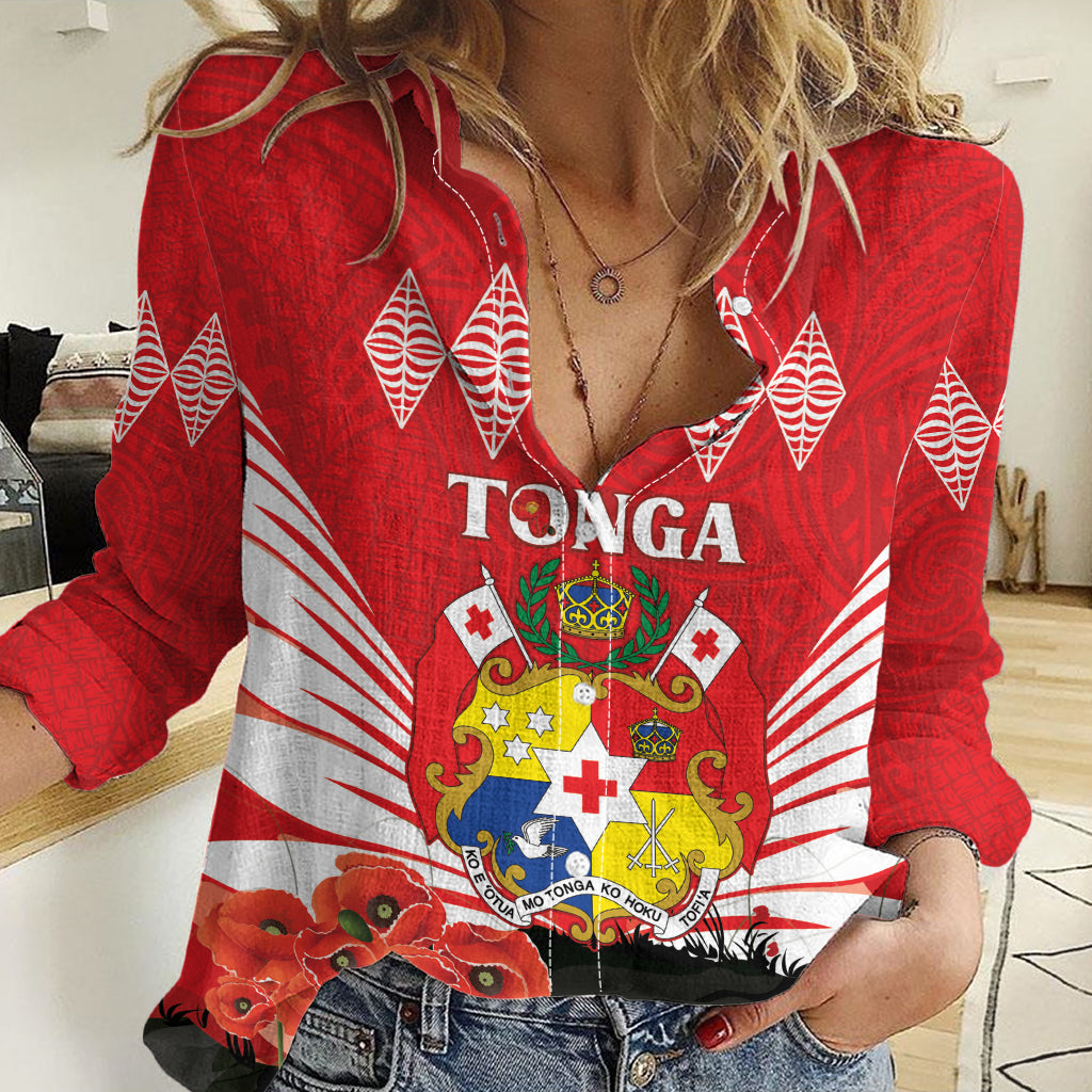 Tonga ANZAC Day Women Casual Shirt Camouflage With Poppies Lest We Forget LT14 Female Red - Polynesian Pride