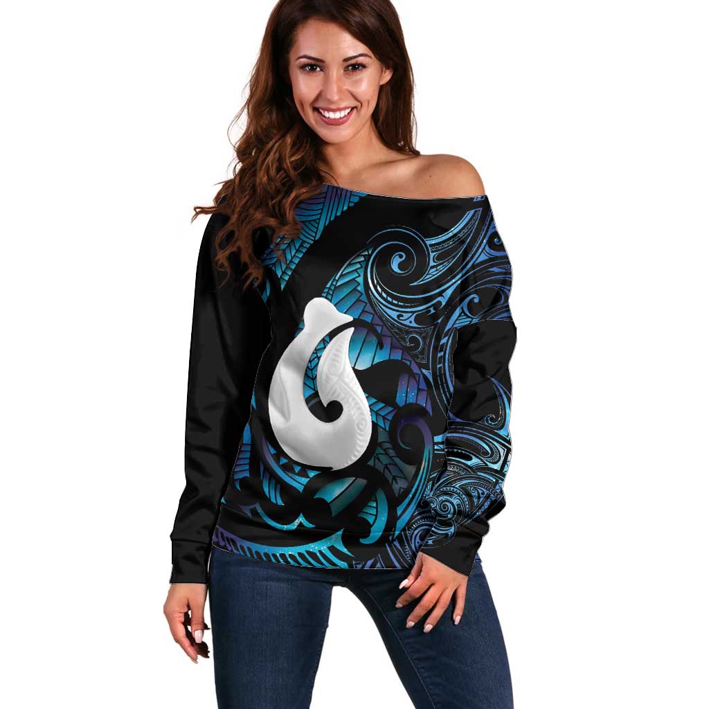 Hei Matau New Zealand Matariki Off Shoulder Sweater NZ Fish Hook Maori Art LT14 Women Purple - Polynesian Pride