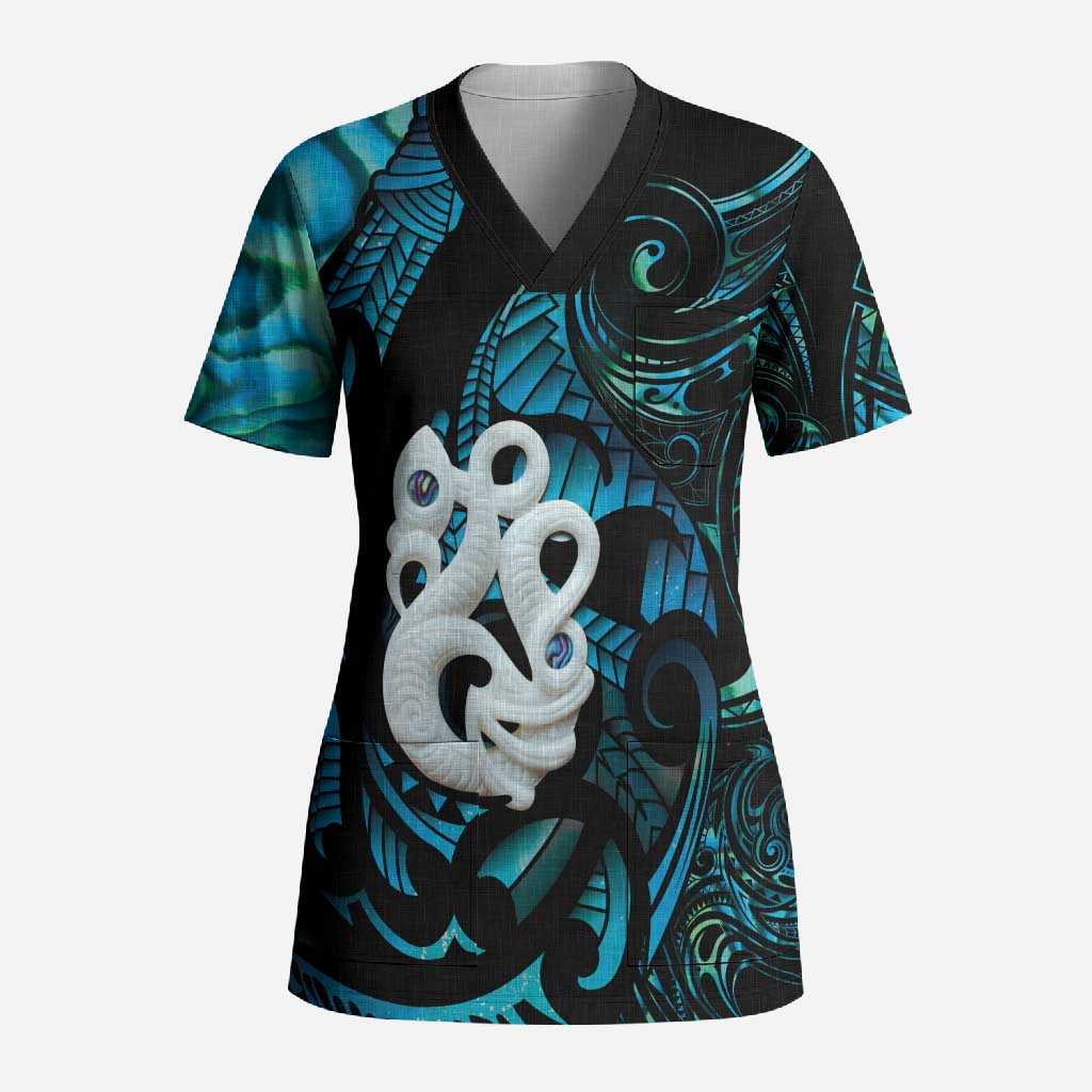 Manaia New Zealand Matariki Scrub Top NZ Paua Shell Maori Art LT14 Adult Turquoise - Polynesian Pride