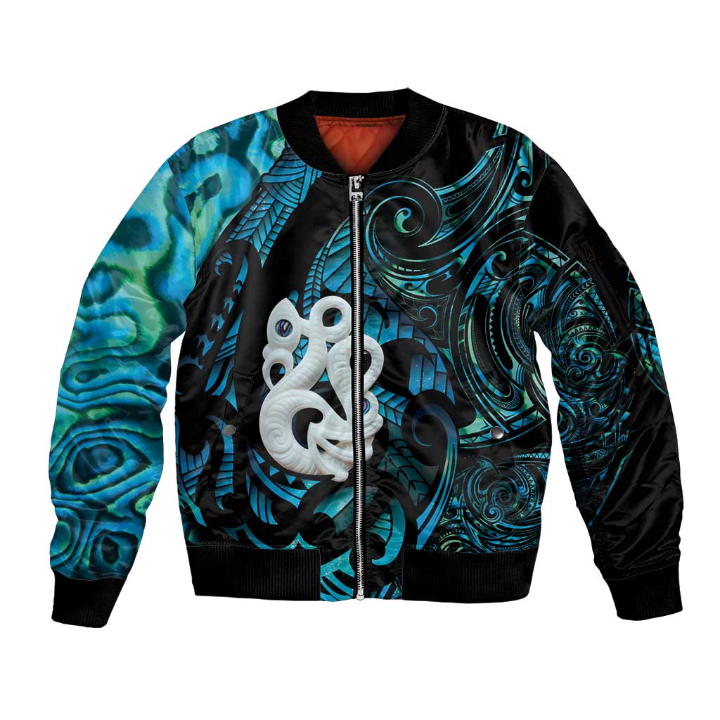 Manaia New Zealand Matariki Sleeve Zip Bomber Jacket NZ Paua Shell Maori Art LT14 Unisex Turquoise - Polynesian Pride