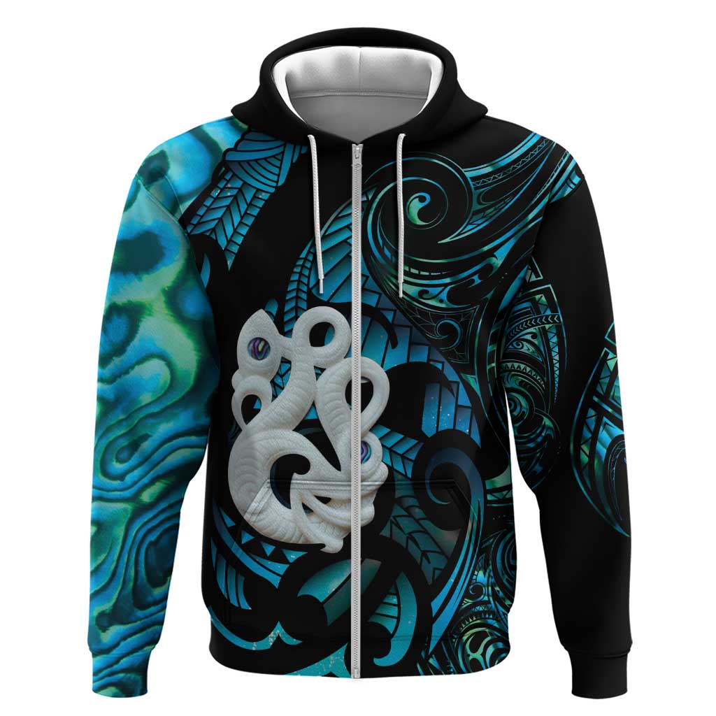 Manaia New Zealand Matariki Zip Hoodie NZ Paua Shell Maori Art LT14 Zip Hoodie Turquoise - Polynesian Pride
